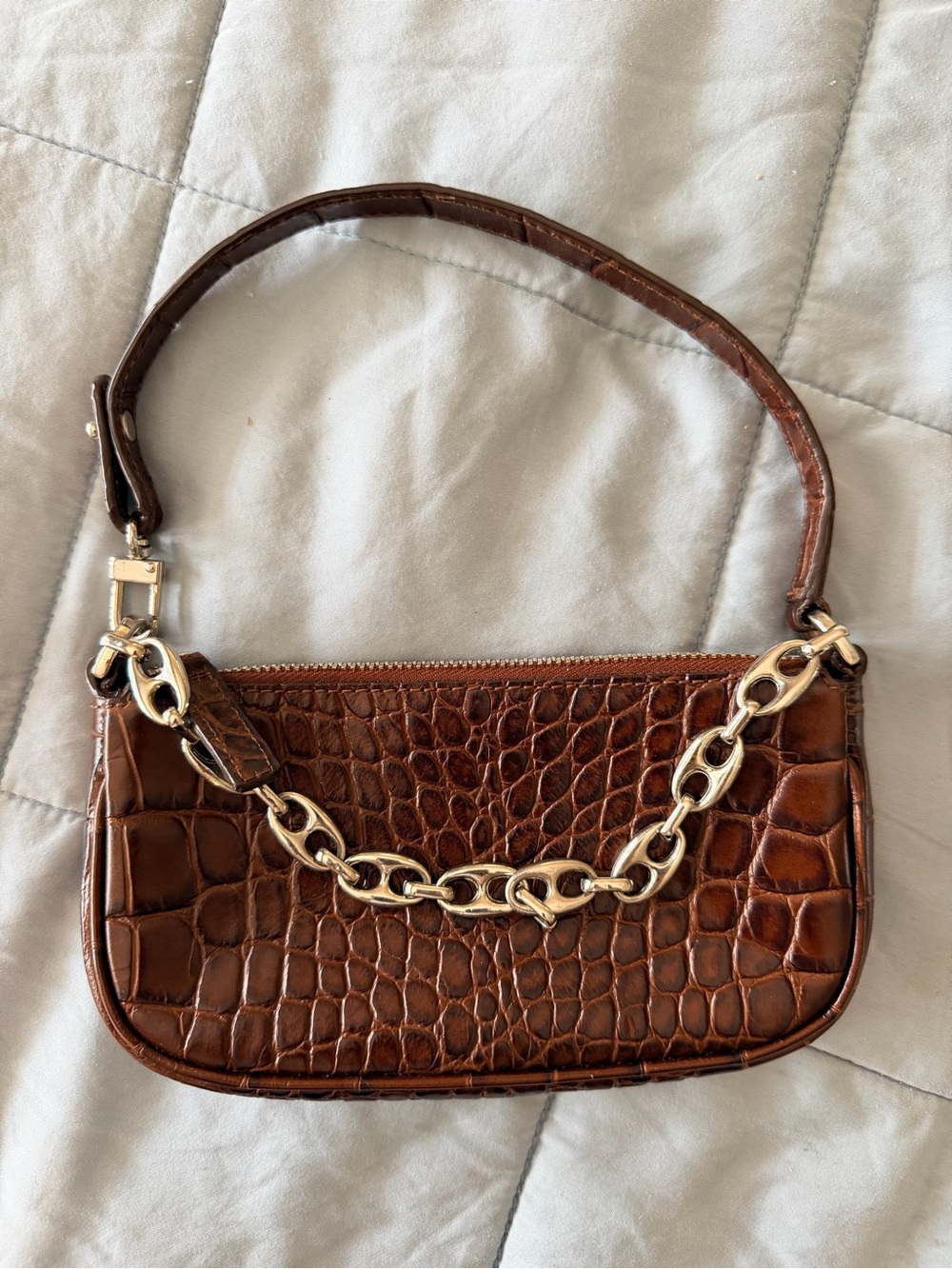 Brown Croc-Embossed Shoulder Bag with Chain Accent